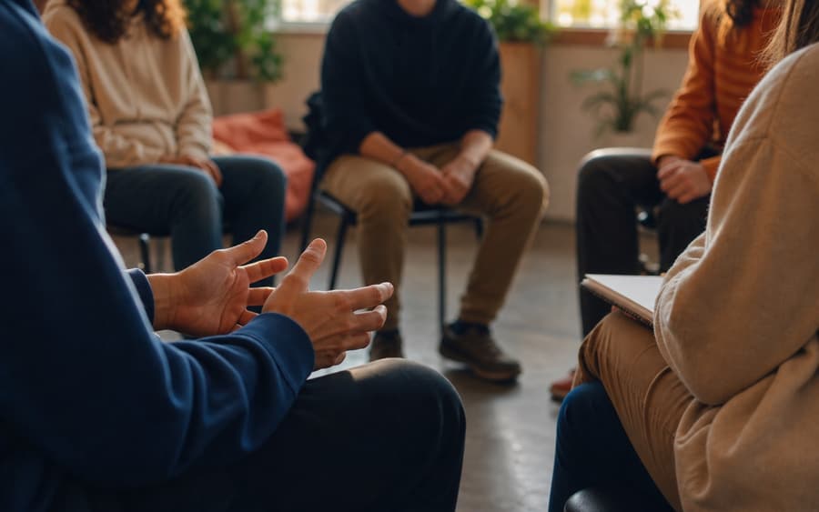 Chicos compartiendo y conversando en grupo durante un encuentro.